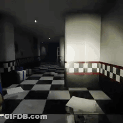 A Hallway With A Checkered Floor And A Red White And Black Border GIF