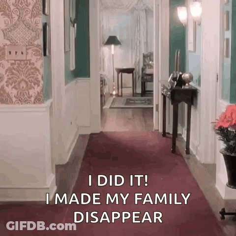A Hallway With A Red Carpet And The Words I Did It ! I Made My Family Disappear . GIF