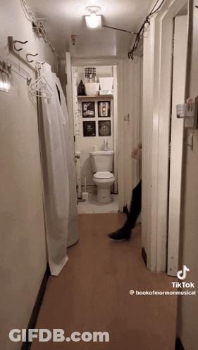 A Hallway With A Toilet And A Sign That Says Bookofmormonmusical GIF