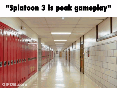 A Hallway With Red Lockers And The Words " Splatoon 3 Is Peak Gameplay " On Top GIF