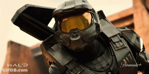 A Halo Advertisement For Paramount Plus With A Man In A Helmet GIF