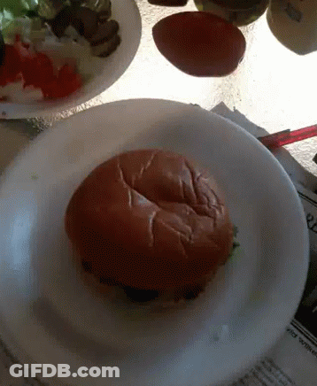 A Hamburger On A White Plate With A Newspaper On The Table In The Background GIF