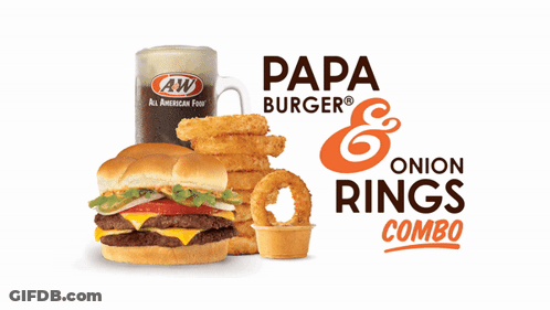 A Hamburger Onion Rings And A Cup Of A&w Soda GIF