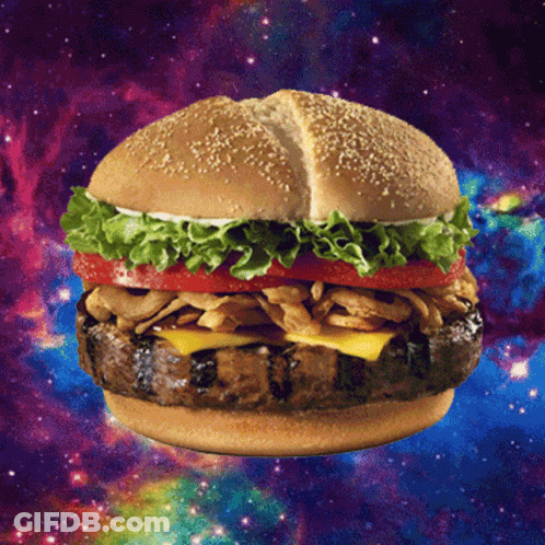 A Hamburger With Lettuce Tomato Mushrooms And Cheese Is Floating In Space GIF