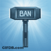 A Hammer With The Word Ban On It Against A Blue Background GIF