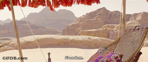 A Hammock In The Desert With Mountains In The Background And The Word Freedom In The Corner GIF