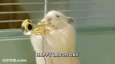 A Hamster Is Playing A Trumpet In A Cage And Says `` Happy Labor Day '' . GIF