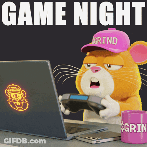 A Hamster Wearing A Hat That Says Grind Is Playing A Video Game On A Laptop GIF