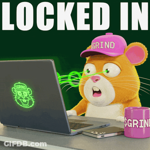 A Hamster Wearing A Pink Grind Hat Is Using A Laptop GIF