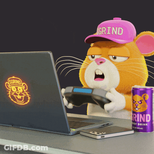 A Hamster Wearing A Pink Hat That Says Grind Is Playing A Video Game GIF