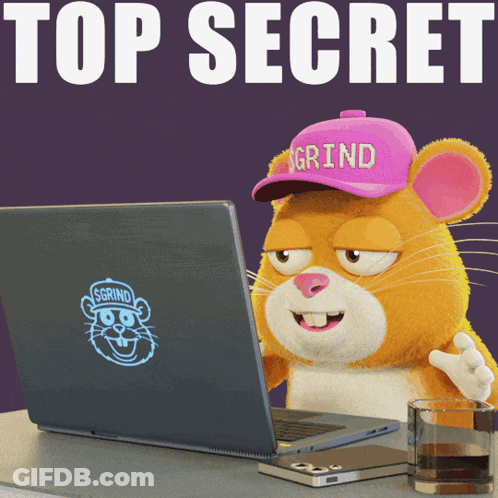 A Hamster Wearing A Pink Hat That Says Grind Is Using A Laptop GIF