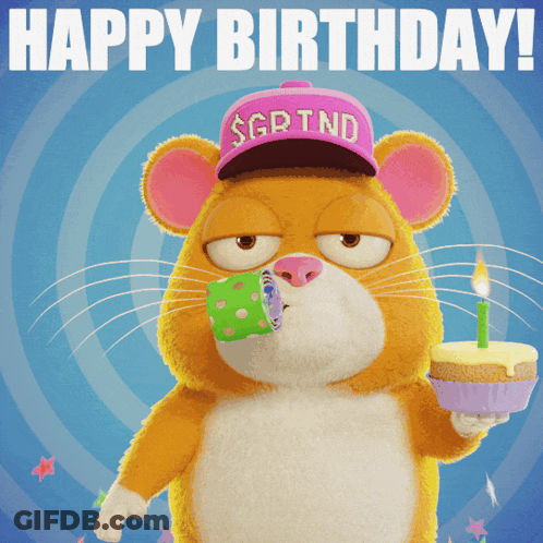 A Hamster Wearing A Pink Hat That Says Sgptnd Is Holding A Cake GIF