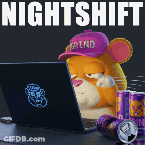 A Hamster Wearing A Purple Hat That Says Grind Is Looking At A Laptop GIF