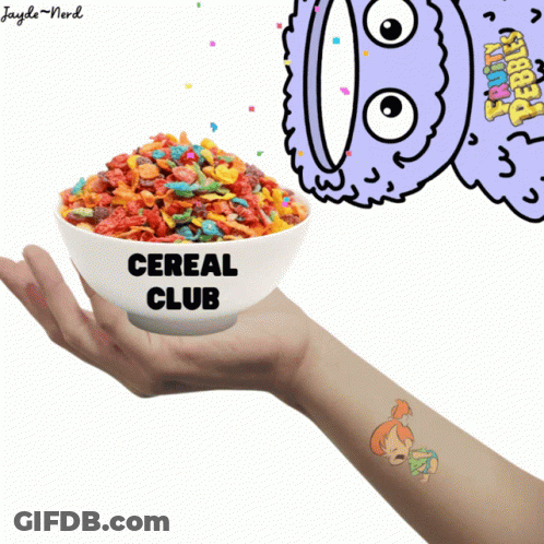 A Hand Holding A Bowl Of Cereal With The Words Cereal Club On It GIF