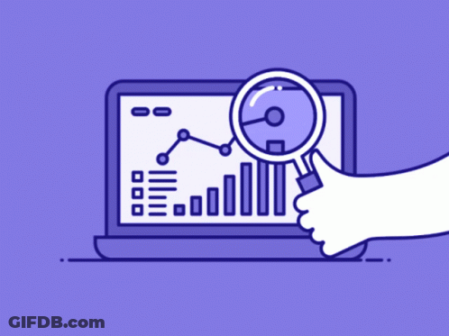 A Hand Holding A Magnifying Glass In Front Of A Laptop With A Graph On It GIF