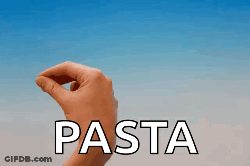 A Hand Holding A Piece Of Pasta In Front Of A Blue Sky GIF