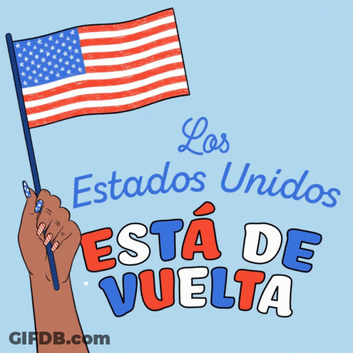 A Hand Holding An American Flag With The Words Estados Unidos Esta De Vuelta GIF