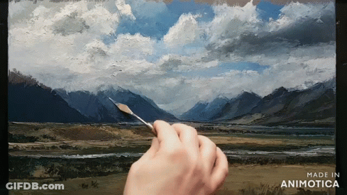 A Hand Is Holding A Brush In Front Of A Painting That Says Made In Animonica GIF
