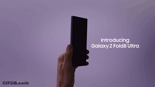 A Hand Is Holding A Cell Phone With The Words Introducing Galaxy Z Fold8 Ultra On The Bottom GIF