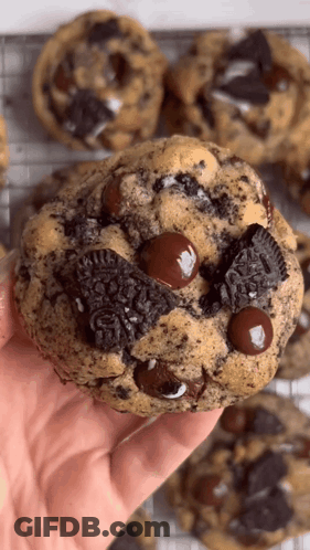 A Hand Is Holding A Cookie With Oreos And Chocolate Chips On It . GIF