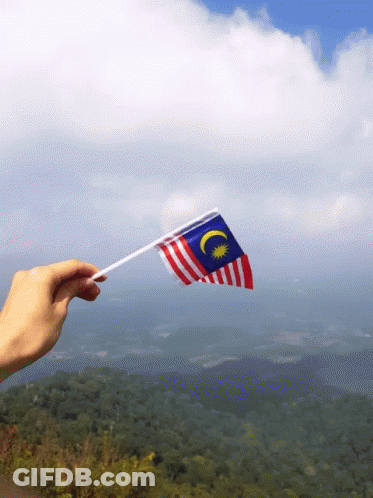 A Hand Is Holding A Small Malaysian Flag In Front Of A Cloudy Sky GIF