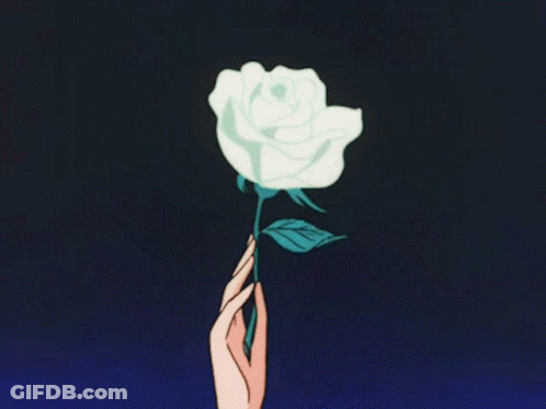 A Hand Is Holding A White Rose With A Blue Stem GIF