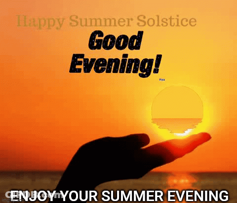 A Hand Is Holding The Sun In Front Of A Sunset And Says " Good Evening " GIF