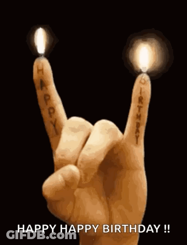 A Hand Is Making A Rock And Roll Sign With Two Lit Candles On Its Fingers . GIF