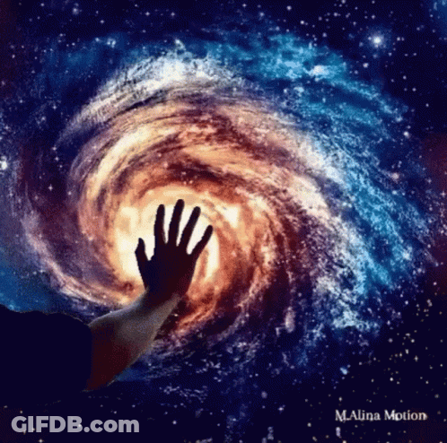 A Hand Is Reaching Out Towards A Spiral Galaxy GIF