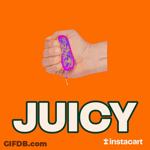 A Hand Is Squeezing A Slice Of Lemon And The Word Juicy Is On A Blue Background GIF