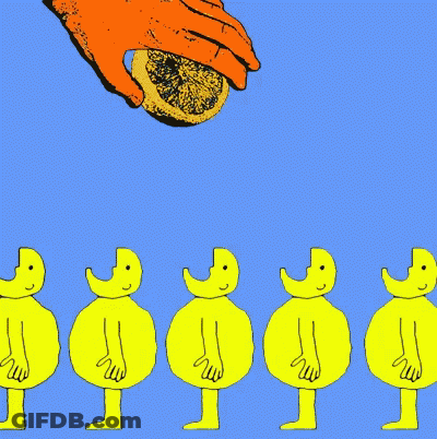 A Hand Is Squeezing A Slice Of Lemon Over A Row Of Yellow Cartoon Characters GIF