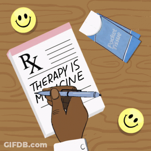 A Hand Is Writing On A Prescription Pad That Says " Therapy Is Medicine " GIF