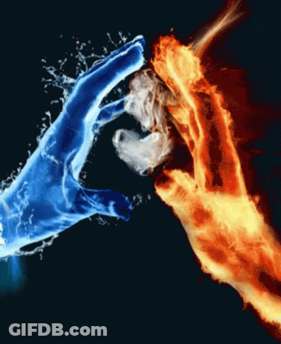 A Hand Made Of Water And A Hand Made Of Fire Holding A Heart GIF