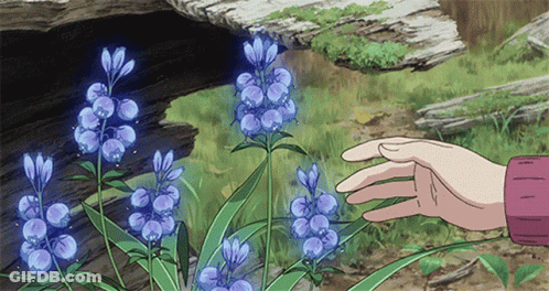A Hand Reaches Out To Touch A Purple Flower In The Grass GIF