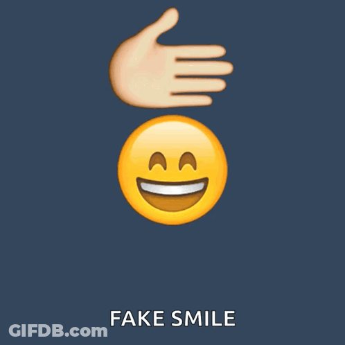 A Hand Reaching Over A Smiling Face With Fake Smile Written Below It GIF