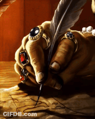 A Hand With Rings On It Is Writing With A Quill Pen GIF
