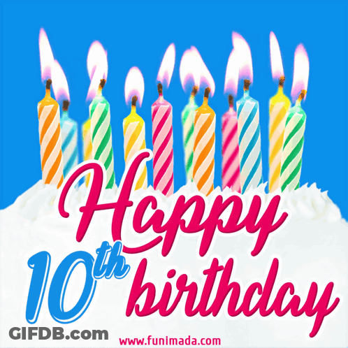 A Happy 10Th Birthday Greeting Card With Candles GIF