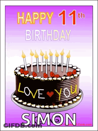A Happy 11Th Birthday Greeting Card With A Chocolate Cake And Candles GIF