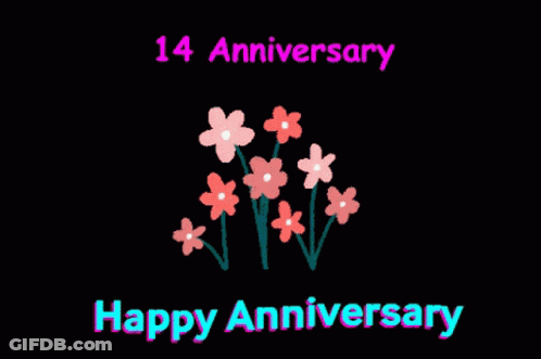 A Happy 14Th Anniversary Card With Pink Flowers On A Black Background GIF