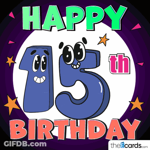 A Happy 15Th Birthday Greeting Card With A Cartoon Number GIF