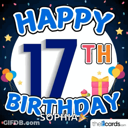 A Happy 17Th Birthday Greeting Card With Balloons And Presents GIF