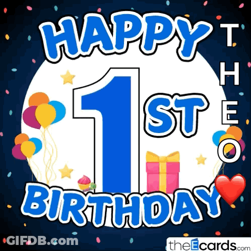 A Happy 1St Birthday Greeting Card With Balloons And Gifts GIF