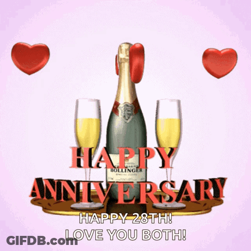 A Happy 28Th Anniversary Greeting With A Bottle Of Champagne And Two Glasses GIF