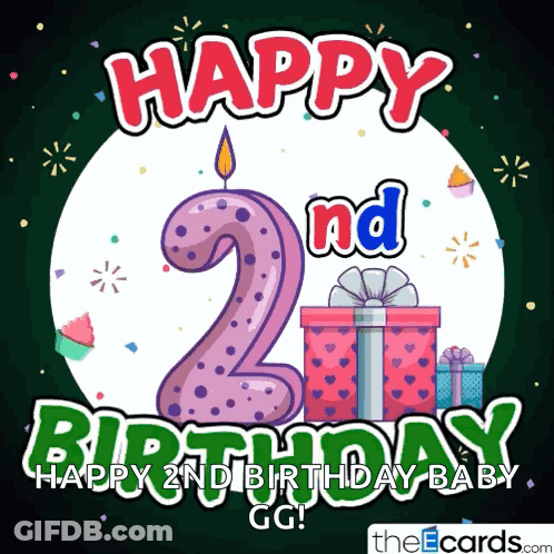A Happy 2Nd Birthday Card With A Purple Candle And Presents GIF