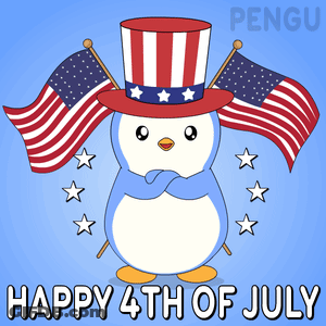 A Happy 4Th Of July Card With A Penguin In A Patriotic Hat GIF