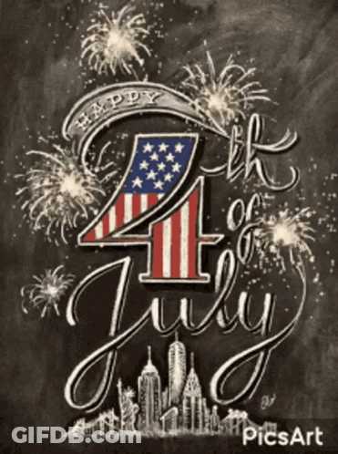 A Happy 4Th Of July Chalkboard With Fireworks And A City Skyline GIF