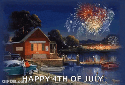 A Happy 4Th Of July Greeting Card Shows Fireworks Over A Lake GIF