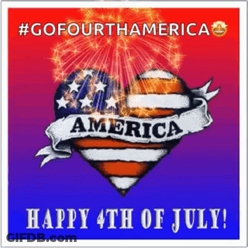 A Happy 4Th Of July Greeting Card With A Heart Shaped American Flag Surrounded By Fireworks . GIF