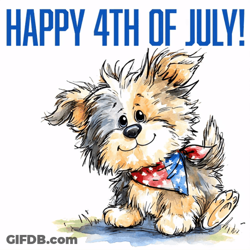 A Happy 4Th Of July Greeting Card With A Small Dog GIF