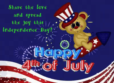 A Happy 4Th Of July Greeting Card With A Teddy Bear On A Fireworks Rocket GIF
